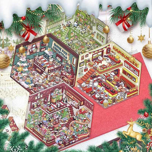 Christmas Limited 3D Isometric Room Stickers - 4 Theme Sets: Christmas Family Party | Christmas Gift Shop | Panda Dessert Shop | Chick Burger Shop - SNSEASY