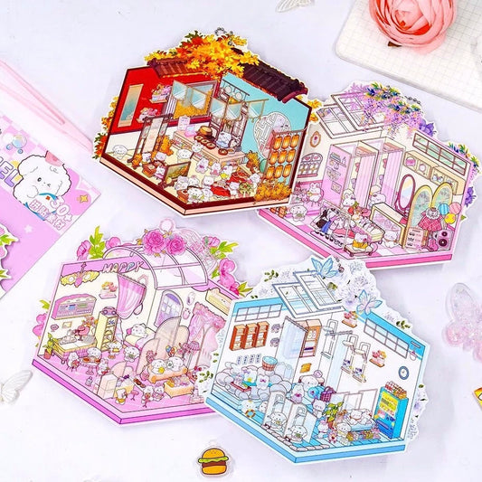 Puppy & Bunny Family 3D Isometric Room Stickers - 4 Theme Sets: Spring Happy Family | Summer Clothing Shop | Autumn Chinese Restaurant | Winter Hot Spring