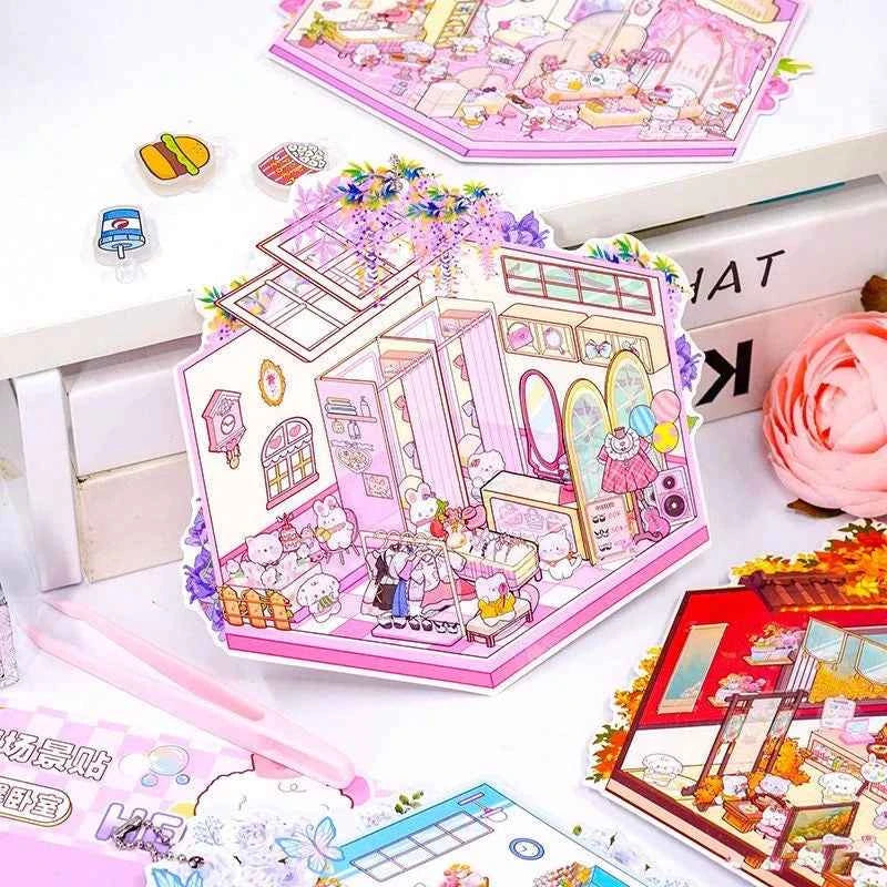 Puppy & Bunny Family 3D Isometric Room Stickers - 4 Theme Sets: Spring Happy Family | Summer Clothing Shop | Autumn Chinese Restaurant | Winter Hot Spring - SNSEASY