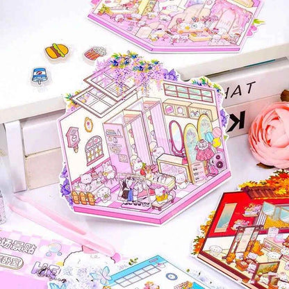 Puppy & Bunny Family 3D Isometric Room Stickers - 4 Theme Sets: Spring Happy Family | Summer Clothing Shop | Autumn Chinese Restaurant | Winter Hot Spring - SNSEASY