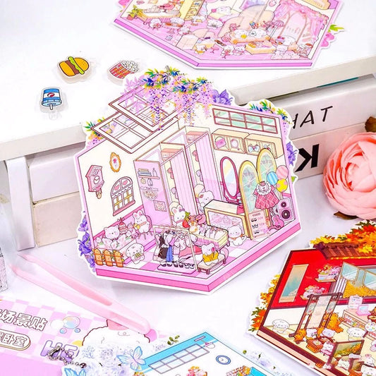 Puppy & Bunny Family 3D Isometric Room Stickers - 4 Theme Sets: Spring Happy Family | Summer Clothing Shop | Autumn Chinese Restaurant | Winter Hot Spring