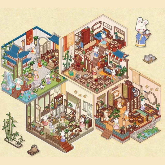 Chinese Ancient House 3D Isometric Room Stickers - 4 Theme Sets: Ancient Music Hall | Go Game Pavilion | Leisure Hall | Courtyard Garden - SNSEASY