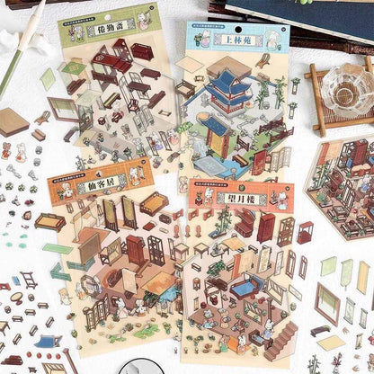 Chinese Ancient House 3D Isometric Room Stickers - 4 Theme Sets: Ancient Music Hall | Go Game Pavilion | Leisure Hall | Courtyard Garden - SNSEASY