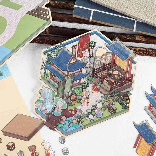 Chinese Ancient House 3D Isometric Room Stickers - 4 Theme Sets: Ancient Music Hall | Go Game Pavilion | Leisure Hall | Courtyard Garden - SNSEASY