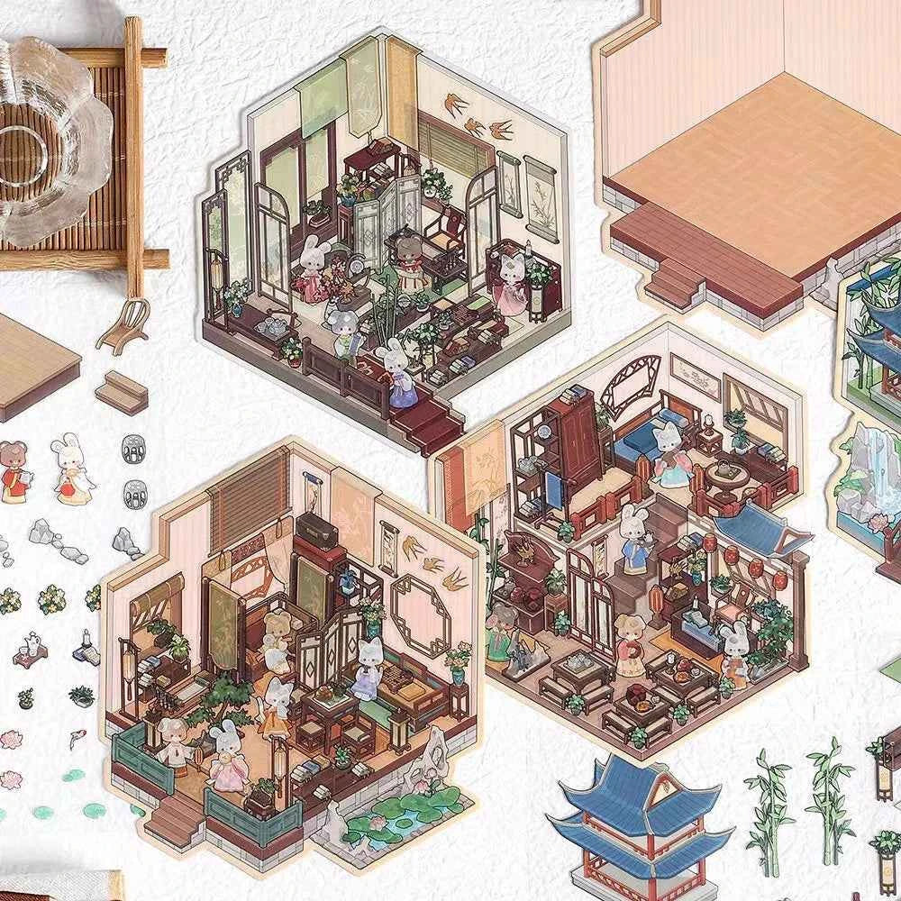 Chinese Ancient House 3D Isometric Room Stickers - 4 Theme Sets: Ancient Music Hall | Go Game Pavilion | Leisure Hall | Courtyard Garden - SNSEASY