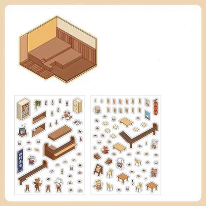 Cute Animals 3D Isometric Room Stickers Scene - 4 Theme Sets: 3-Story House | Conveyor Sushi Restaurant | Outdoor Garden | Bar - SNSEASY
