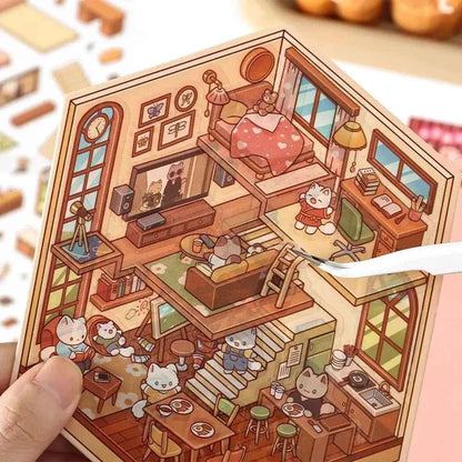 Cute Animals 3D Isometric Room Stickers Scene - 4 Theme Sets: 3-Story House | Conveyor Sushi Restaurant | Outdoor Garden | Bar - SNSEASY