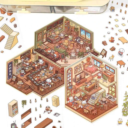 Cute Animals 3D Isometric Room Stickers Scene - 4 Theme Sets: 3-Story House | Conveyor Sushi Restaurant | Outdoor Garden | Bar - SNSEASY