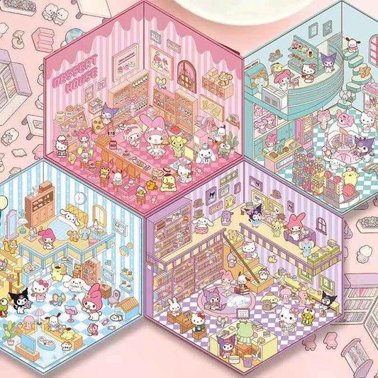 Sanrio Cute Hello Kitty 3D Isometric Room Stickers Scene - 4 Theme Sets: Music Party | Dessert House | Arcade | Library - SNSEASY