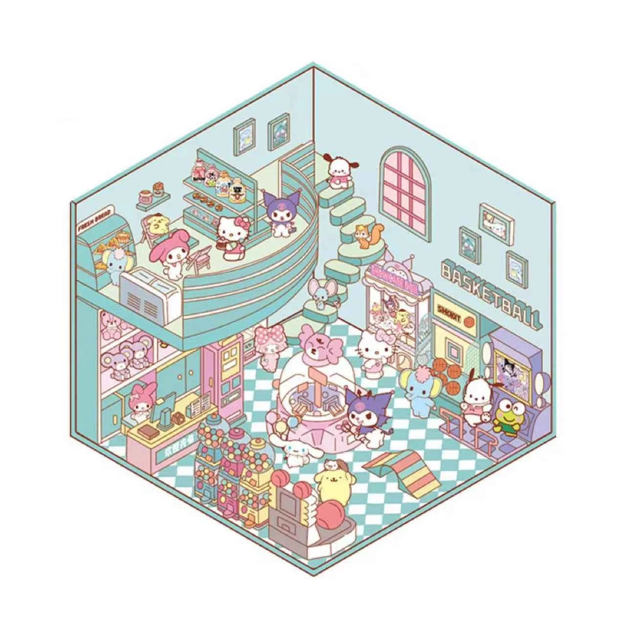 Sanrio Cute Hello Kitty 3D Isometric Room Stickers Scene - 4 Theme Sets: Music Party | Dessert House | Arcade | Library - SNSEASY