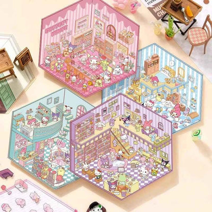 Sanrio Cute Hello Kitty 3D Isometric Room Stickers Scene - 4 Theme Sets: Music Party | Dessert House | Arcade | Library - SNSEASY