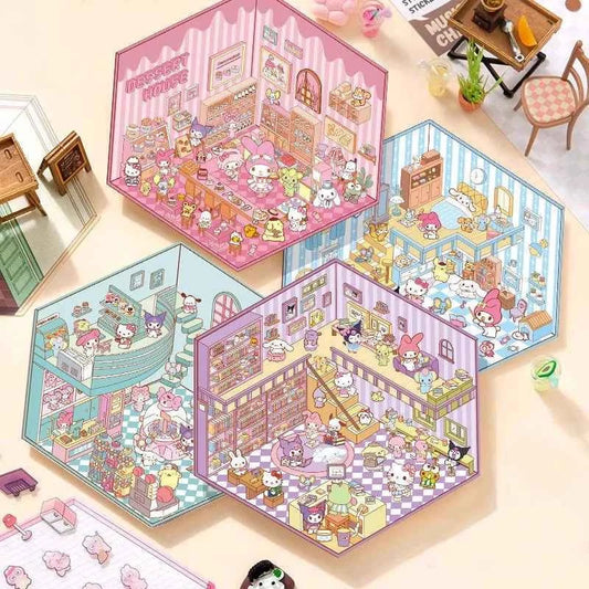 Sanrio Cute Hello Kitty 3D Isometric Room Stickers Scene - 4 Theme Sets: Music Party | Dessert House | Arcade | Library - SNSEASY