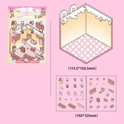 Dream Home 3D Isometric Room Stickers Scene - 4 Theme Sets: Cat Coffee Shop | Penguin Bedroom | Bunny Playground | Panda Dessert Shop - SNSEASY