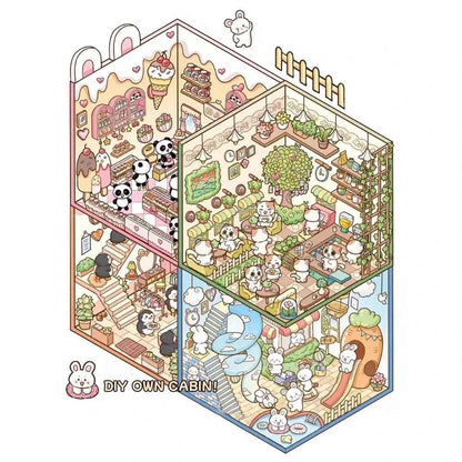 Dream Home 3D Isometric Room Stickers Scene - 4 Theme Sets: Cat Coffee Shop | Penguin Bedroom | Bunny Playground | Panda Dessert Shop - SNSEASY