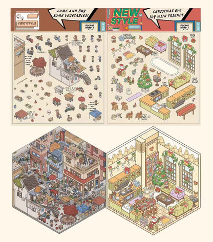 Happy New Year 3D Isometric Room Stickers - 4 Theme Sets: Chinatown Chinese New Year | Merry Christmas Cabin | Christmas Outdoor Joy | Tailor Shop - SNSEASY