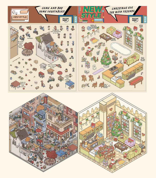 Happy New Year 3D Isometric Room Stickers - 4 Theme Sets: Chinatown Chinese New Year | Merry Christmas Cabin | Christmas Outdoor Joy | Tailor Shop - SNSEASY