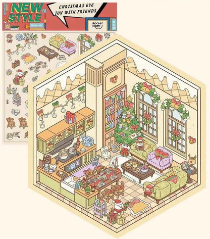 Happy New Year 3D Isometric Room Stickers - 4 Theme Sets: Chinatown Chinese New Year | Merry Christmas Cabin | Christmas Outdoor Joy | Tailor Shop - SNSEASY