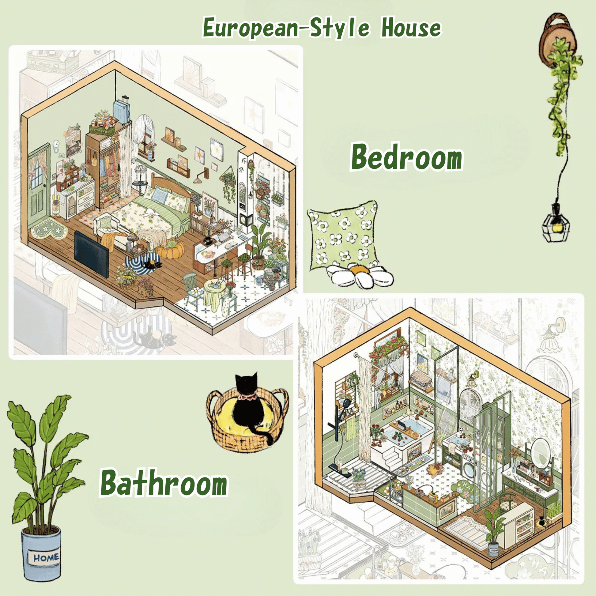 European-Style House – 3D Miniature Scene Stickers – 2 Theme Sets: Bedroom | Bathroom