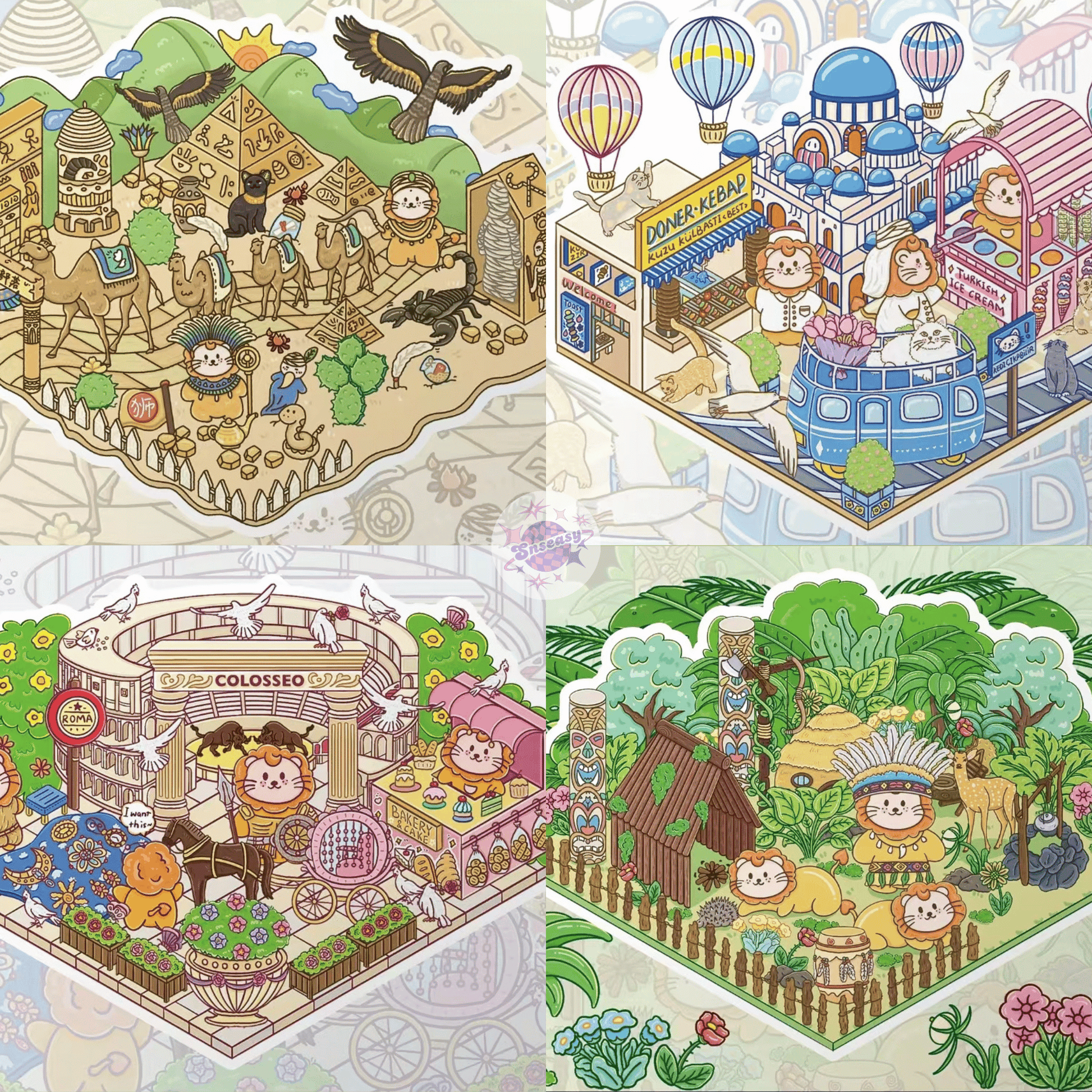 Lion’s World Tour – 3D Miniature Scene Stickers – 4 Theme Sets: Egypt Pyramid | Roman Colosseum | Jungle Tribe | Romantic Turkey - SNSEASY