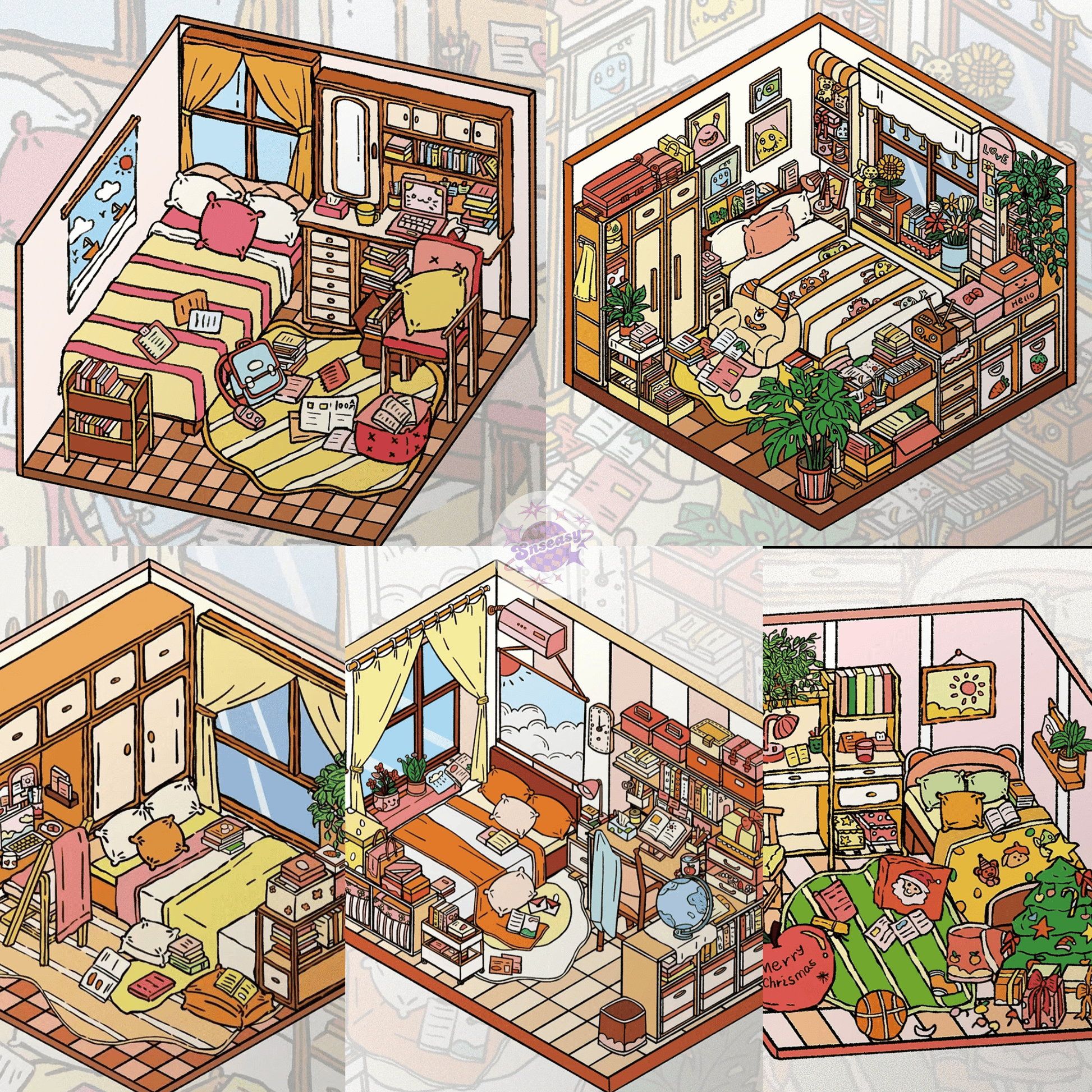 Kids' Room Series – 3D Miniature Scene Stickers – 5 Theme Sets: Monster Card House | Tatami Room | Fun Room | Playful Room | Study Master Room