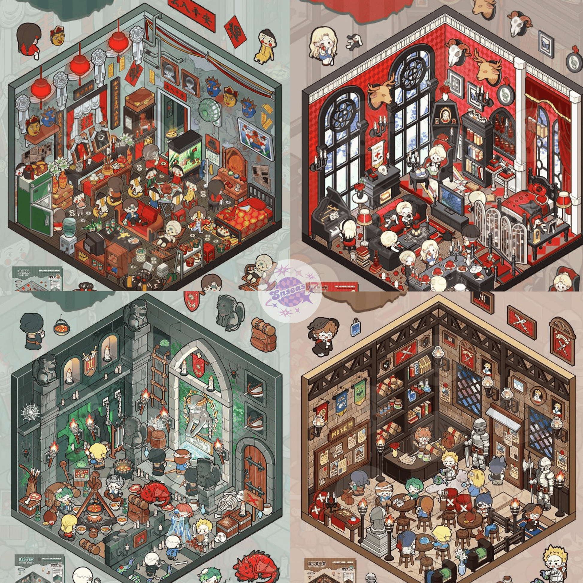 Horror Adventure Series – 3D Miniature Scene Stickers – 4 Theme Sets: Adventurers’ Guild | Labyrinth Quest | Wedding with a Ghost Bride | Vampire Family - SNSEASY