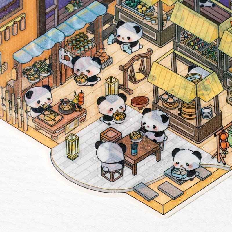 Chinese Panda 3D Isometric Room Stickers - 4 Theme Sets: Panda Tea Bar | Panda Market | Panda Hot Springs | Panda Study Room - SNSEASY