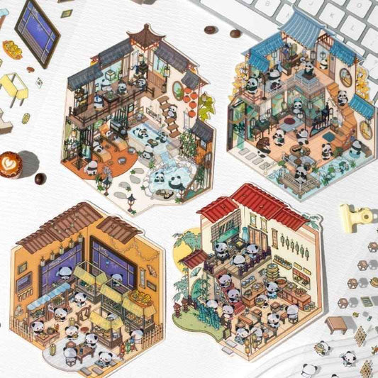 Chinese Panda 3D Isometric Room Stickers - 4 Theme Sets: Panda Tea Bar | Panda Market | Panda Hot Springs | Panda Study Room - SNSEASY