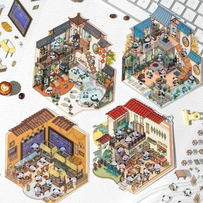 Chinese Panda 3D Isometric Room Stickers - 4 Theme Sets: Panda Tea Bar | Panda Market | Panda Hot Springs | Panda Study Room - SNSEASY
