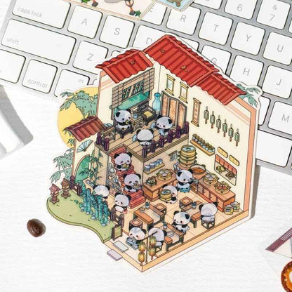 Chinese Panda 3D Isometric Room Stickers - 4 Theme Sets: Panda Tea Bar | Panda Market | Panda Hot Springs | Panda Study Room - SNSEASY