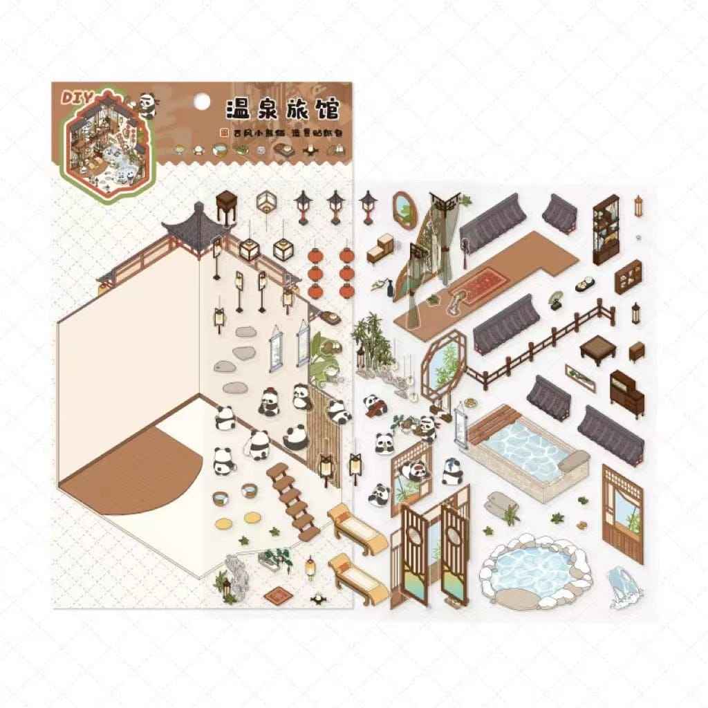 Chinese Panda 3D Isometric Room Stickers - 4 Theme Sets: Panda Tea Bar | Panda Market | Panda Hot Springs | Panda Study Room - SNSEASY