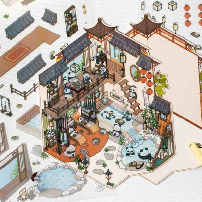 Chinese Panda 3D Isometric Room Stickers - 4 Theme Sets: Panda Tea Bar | Panda Market | Panda Hot Springs | Panda Study Room - SNSEASY