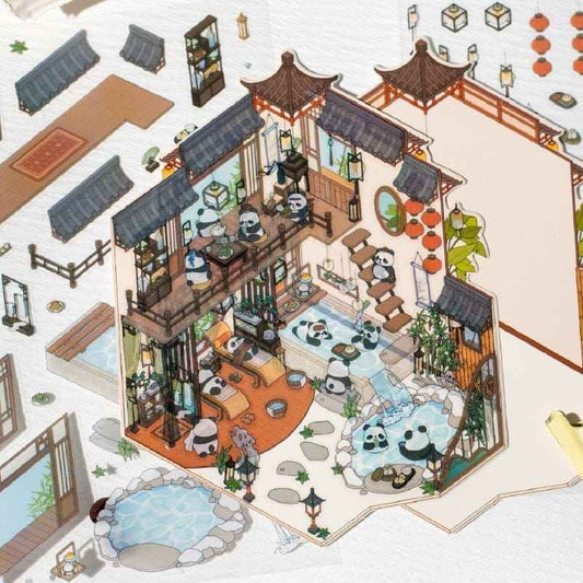 Chinese Panda 3D Isometric Room Stickers - 4 Theme Sets: Panda Tea Bar | Panda Market | Panda Hot Springs | Panda Study Room - SNSEASY
