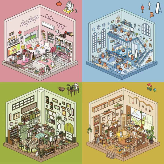 Cute Home 3D Isometric Room Stickers - 4 Theme Sets: Bedroom | Apartment | Kitchen | Living Room - SNSEASY