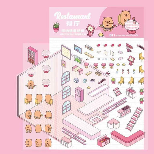 Cute Capybara 3D Isometric Room Stickers - 4 Theme Sets: Restaurant | Hot Spring | Baking Shop | Fruit Shop - SNSEASY