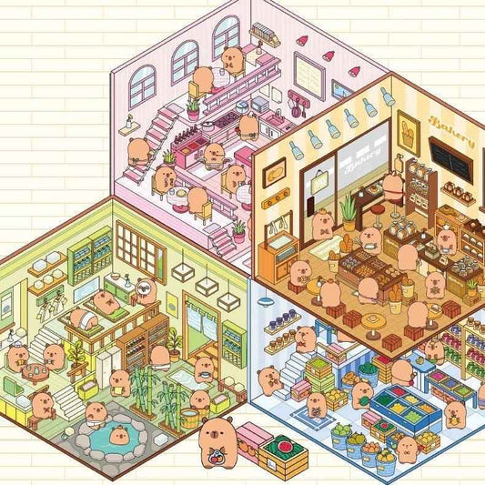 Cute Capybara 3D Isometric Room Stickers - 4 Theme Sets: Restaurant | Hot Spring | Baking Shop | Fruit Shop - SNSEASY