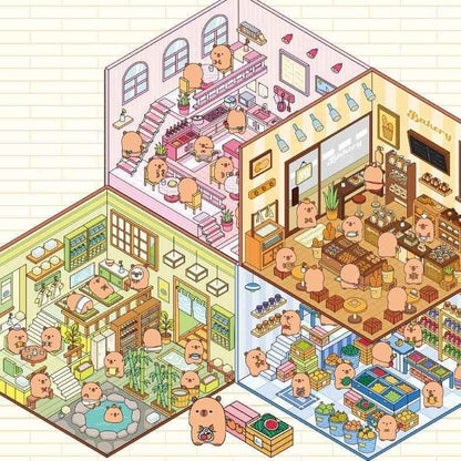 Cute Capybara 3D Isometric Room Stickers - 4 Theme Sets: Restaurant | Hot Spring | Baking Shop | Fruit Shop - SNSEASY