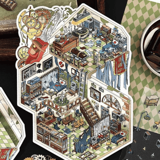 Horror Game Series – Plus Size 3D Miniature Scene Stickers – 4 Theme Sets: Puppet Theater | Screaming Surgery Room | Bio-Apocalypse Camp | Skeleton Shop