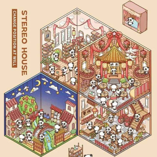 Chinese New Year Panda 3D Isometric Room Stickers - 4 Theme Sets: Panda House | Panda Lantern Fair | Panda Music Place | Panda Inn - SNSEASY