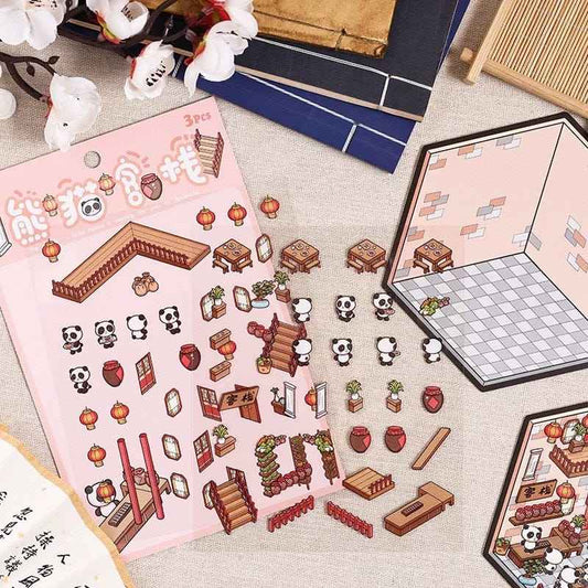 Chinese New Year Panda 3D Isometric Room Stickers - 4 Theme Sets: Panda House | Panda Lantern Fair | Panda Music Place | Panda Inn - SNSEASY