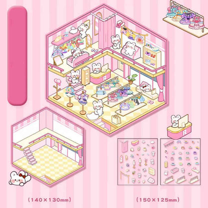 Cute Animal Simulation Business 3D Isometric Room Stickers - 4 Theme Sets: Capybara Hamburger | Puppy Convenience | Bunny Clothing | Bear Bakery - SNSEASY