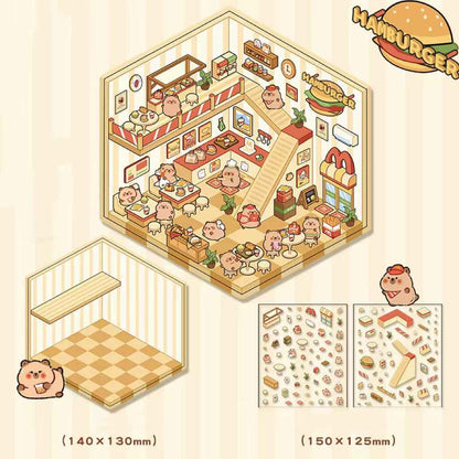Cute Animal Simulation Business 3D Isometric Room Stickers - 4 Theme Sets: Capybara Hamburger | Puppy Convenience | Bunny Clothing | Bear Bakery - SNSEASY