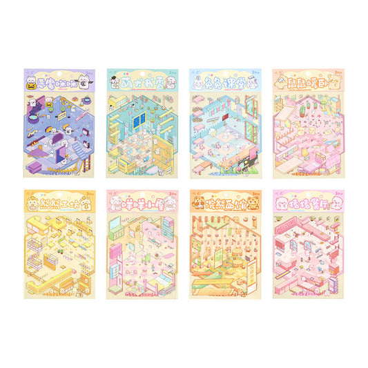 Cute Animal 4.0 3D Isometric Room Stickers - 8 Theme Sets: Sheep Hut | Rabbit Class | Dogs Bookstore | Bear Workshop | Piggy Restaurant | Devil Cat | Mouse House | Raccoon Noodle Shop
