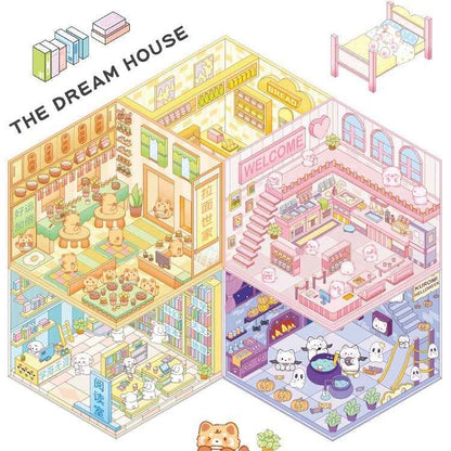 Cute Animal 4.0 3D Isometric Room Stickers - 8 Theme Sets: Sheep Hut | Rabbit Class | Dogs Bookstore | Bear Workshop | Piggy Restaurant | Devil Cat | Mouse House | Raccoon Noodle Shop - SNSEASY
