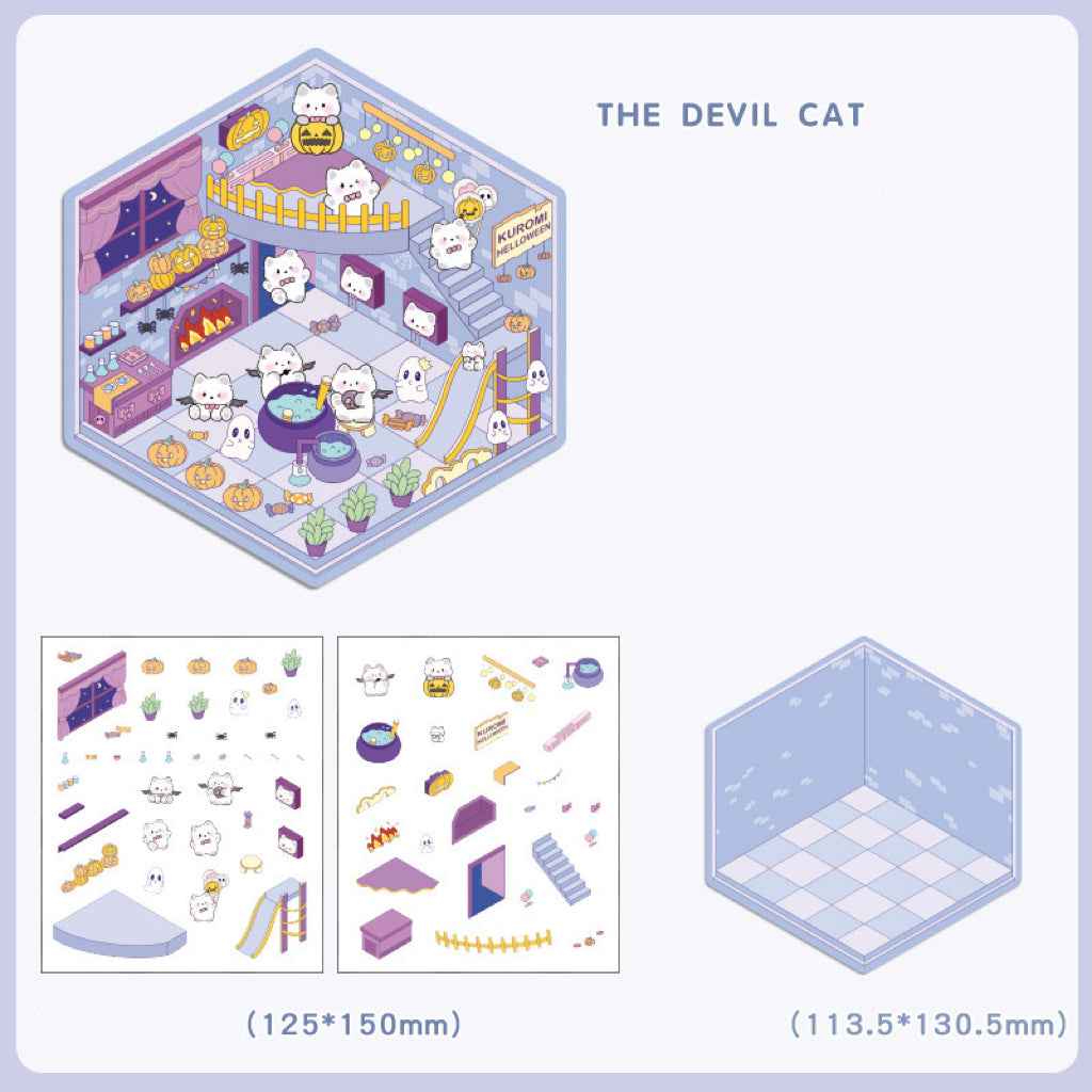 Cute Animal 4.0 3D Isometric Room Stickers - 8 Theme Sets: Sheep Hut | Rabbit Class | Dogs Bookstore | Bear Workshop | Piggy Restaurant | Devil Cat | Mouse House | Raccoon Noodle Shop - SNSEASY
