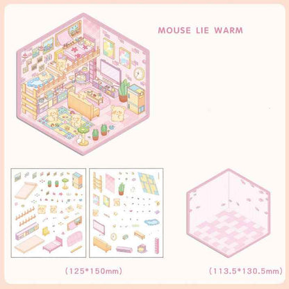 Cute Animal 4.0 3D Isometric Room Stickers - 8 Theme Sets: Sheep Hut | Rabbit Class | Dogs Bookstore | Bear Workshop | Piggy Restaurant | Devil Cat | Mouse House | Raccoon Noodle Shop - SNSEASY