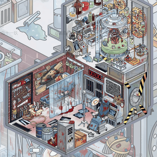 Chainsaw Horror – 3D Miniature Scene Stickers – 2 Theme Sets: Chainsaw Lab | Puppet Theater