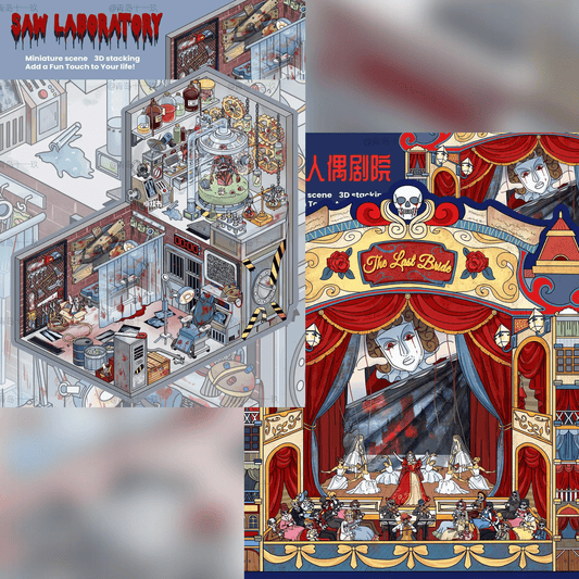 Chainsaw Horror – 3D Miniature Scene Stickers – 2 Theme Sets: Chainsaw Lab | Puppet Theater