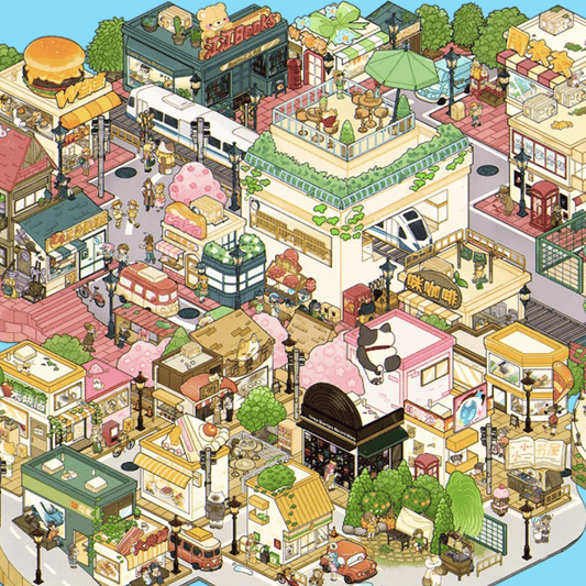 Relaxing Town – 3D Miniature Scene Stickers (Plus Size, Connectable) – 4 Theme Sets: Dockside Town | Red Brick Square | Shopping Street | Crossroads