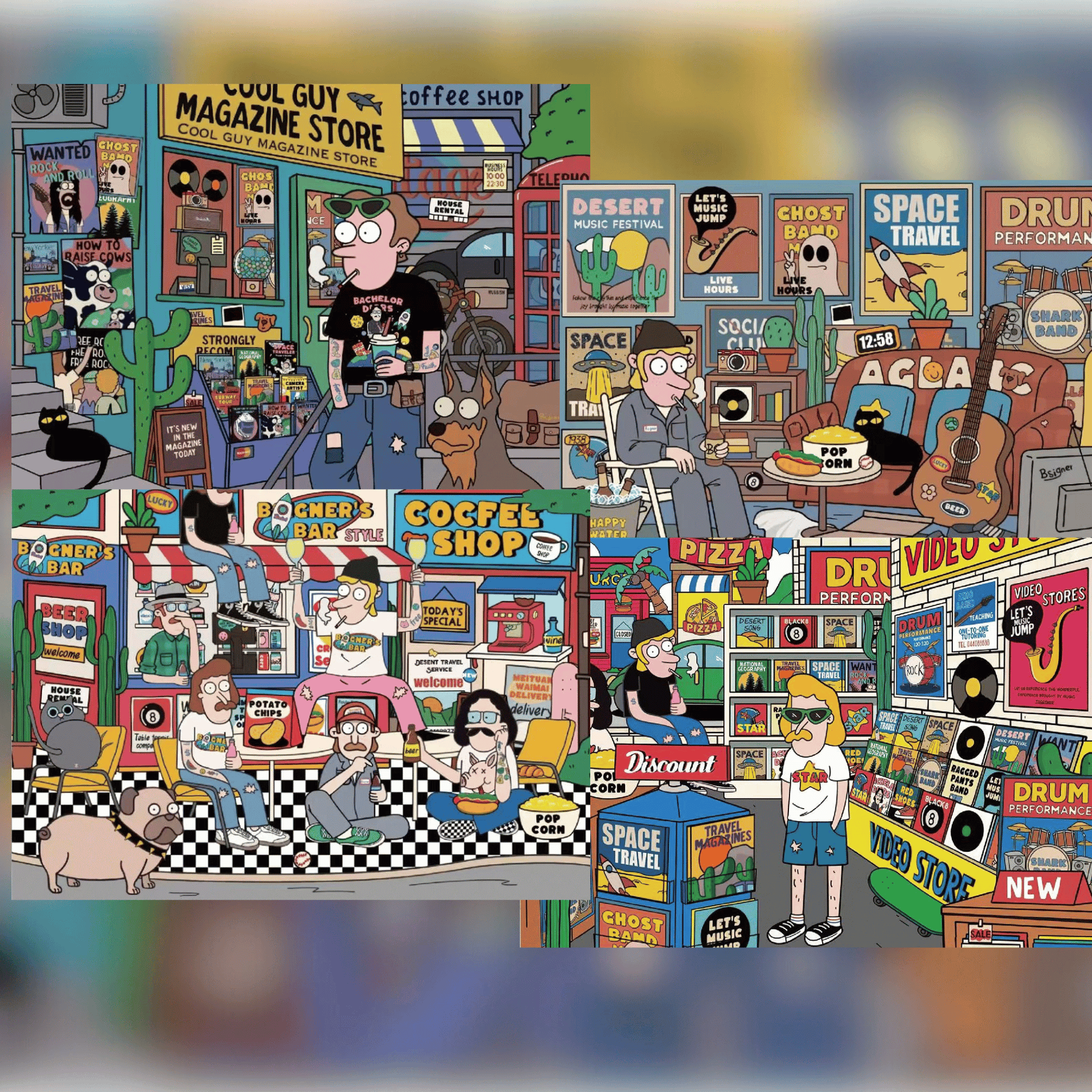 American Retro – 3D Miniature Scene Stickers – Mini Size – 4 Theme Sets: Record Store | Biker Style | Party Day | Guitarist