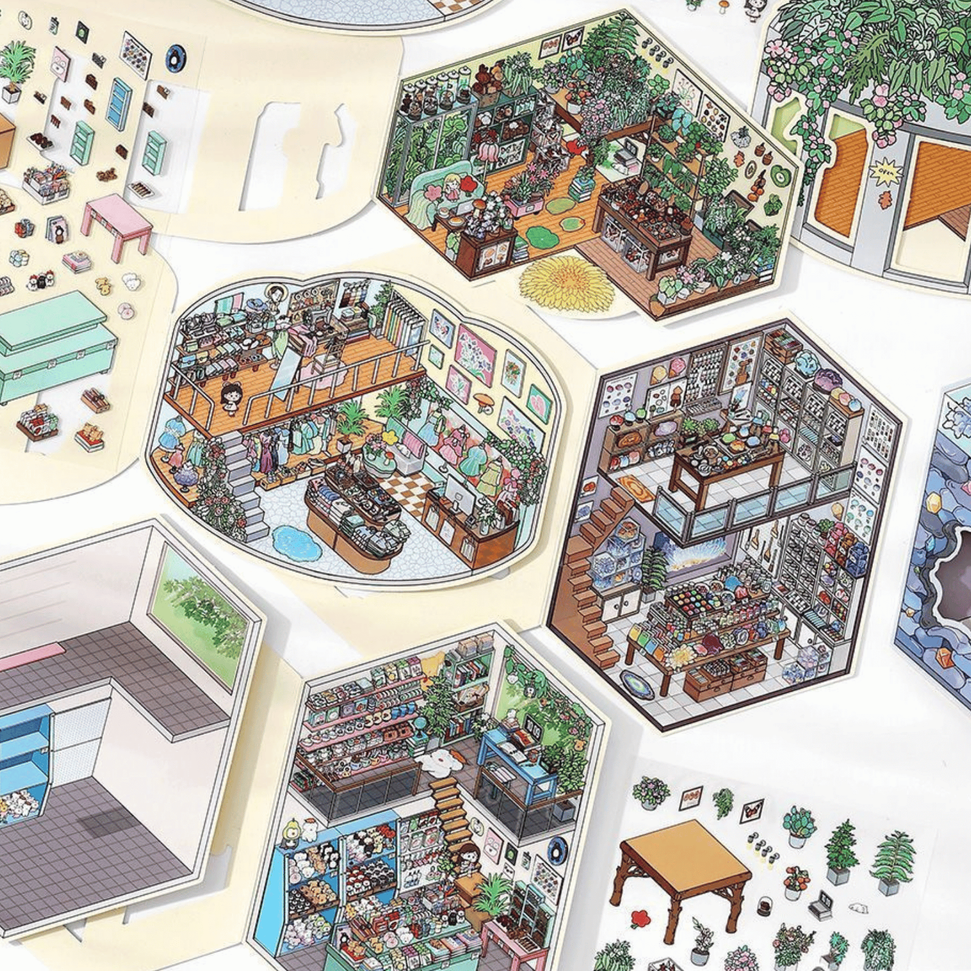 Cute Girl’s Dream Shops – 3D Miniature Scene Stickers – 4 Theme Sets: Clothing Store | Plant Boutique | Doll Shop | Gemstone Store